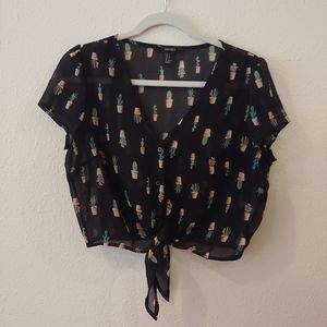 Succulent Plants Patterned Crop Top Shirt Sheer